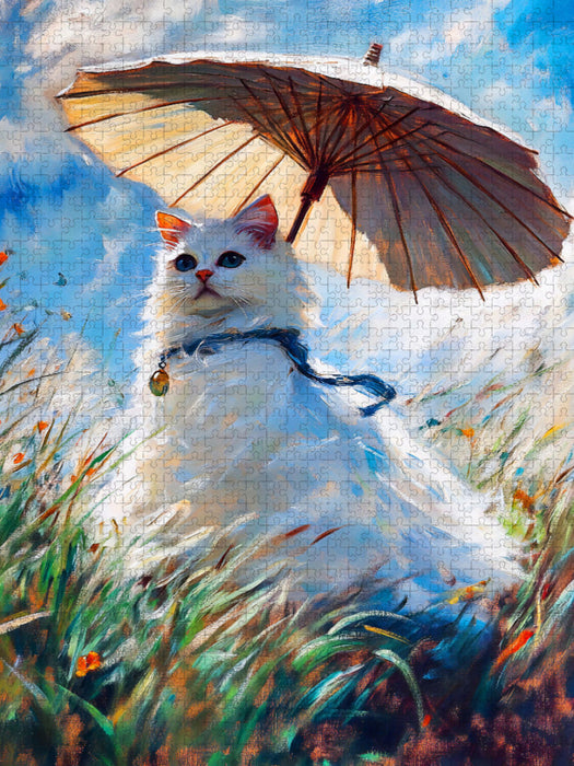 Katze auf Wiese mit Sonnenschirm im impressionistischen Stil - CALVENDO Foto-Puzzle'