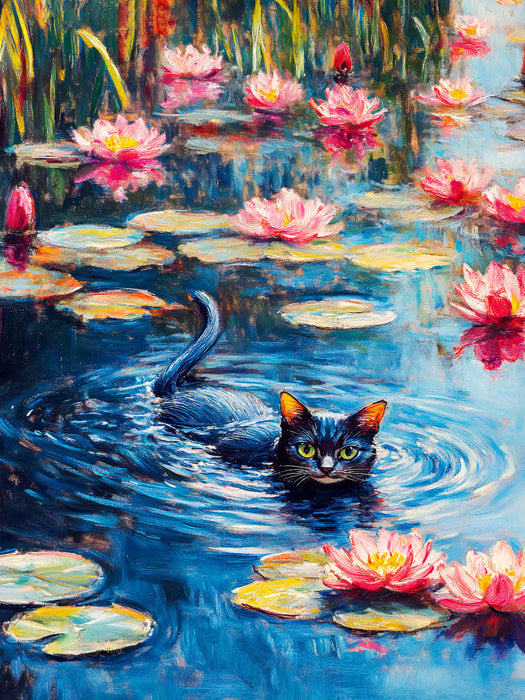 Katze schwimmt im Seerosenteich des impressionistischen Gartens - CALVENDO Foto-Puzzle'