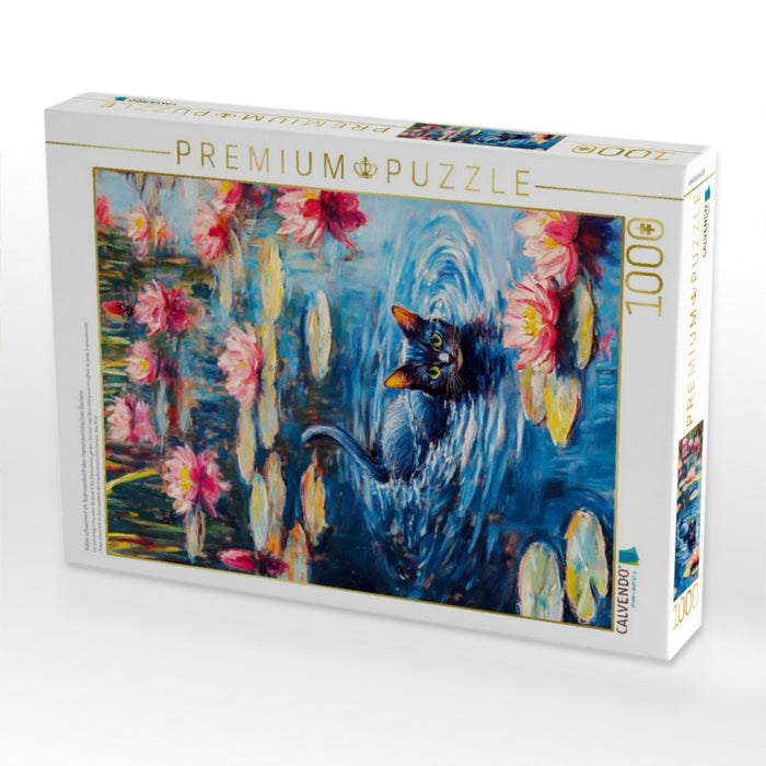 Katze schwimmt im Seerosenteich des impressionistischen Gartens - CALVENDO Foto-Puzzle'