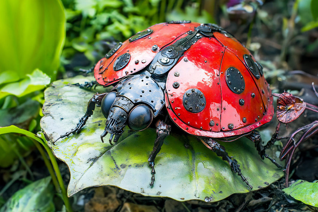 Premium Textil-Leinwand Kunstvoller Metall-Marienkäfer: Einzigartige Garten-Deko aus recyceltem Material