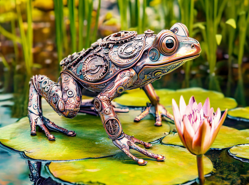 Metall-Frosch auf Seerose: Kreative Gartendeko mit Upcycling-Charme - CALVENDO Foto-Puzzle'