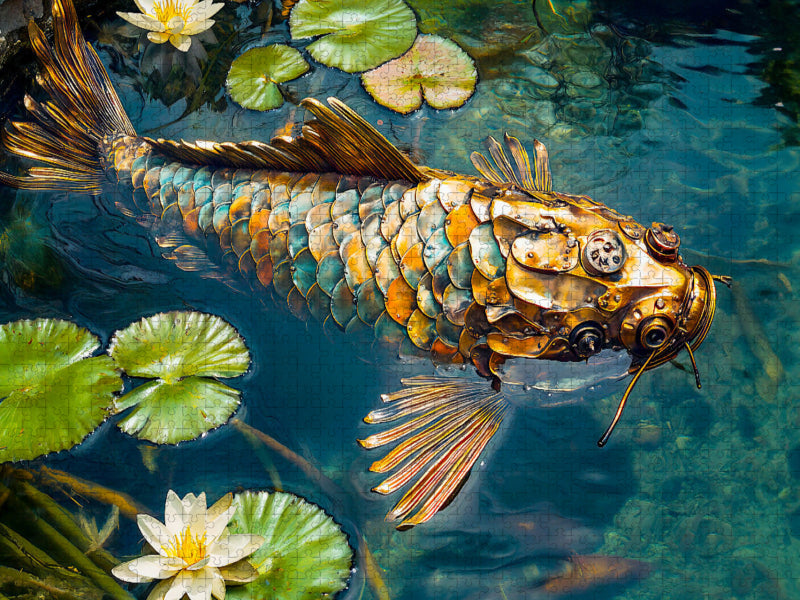 Metall-Koi im Teich: Stilvolle Gartendekoration für Wasserliebhaber - CALVENDO Foto-Puzzle'