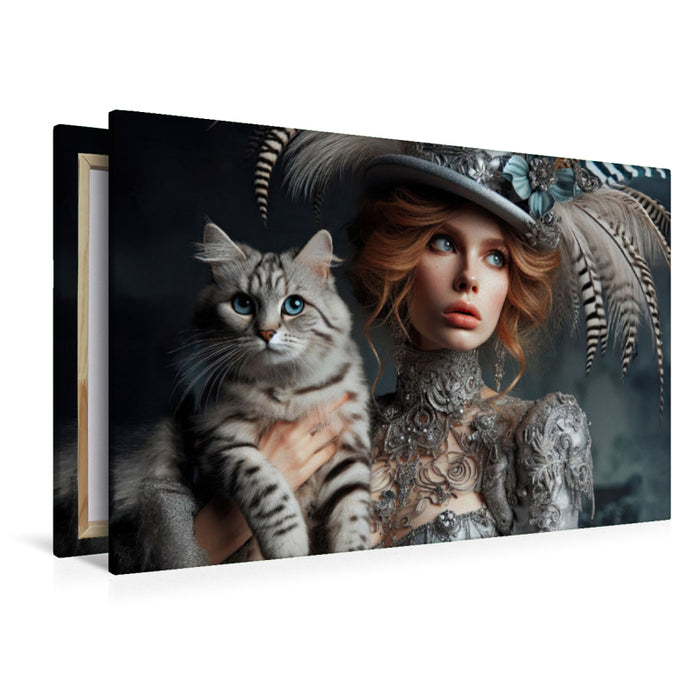 Premium Textil-Leinwand Elegante Frau in silber Boho Style mit einer grau schwarzen Katze