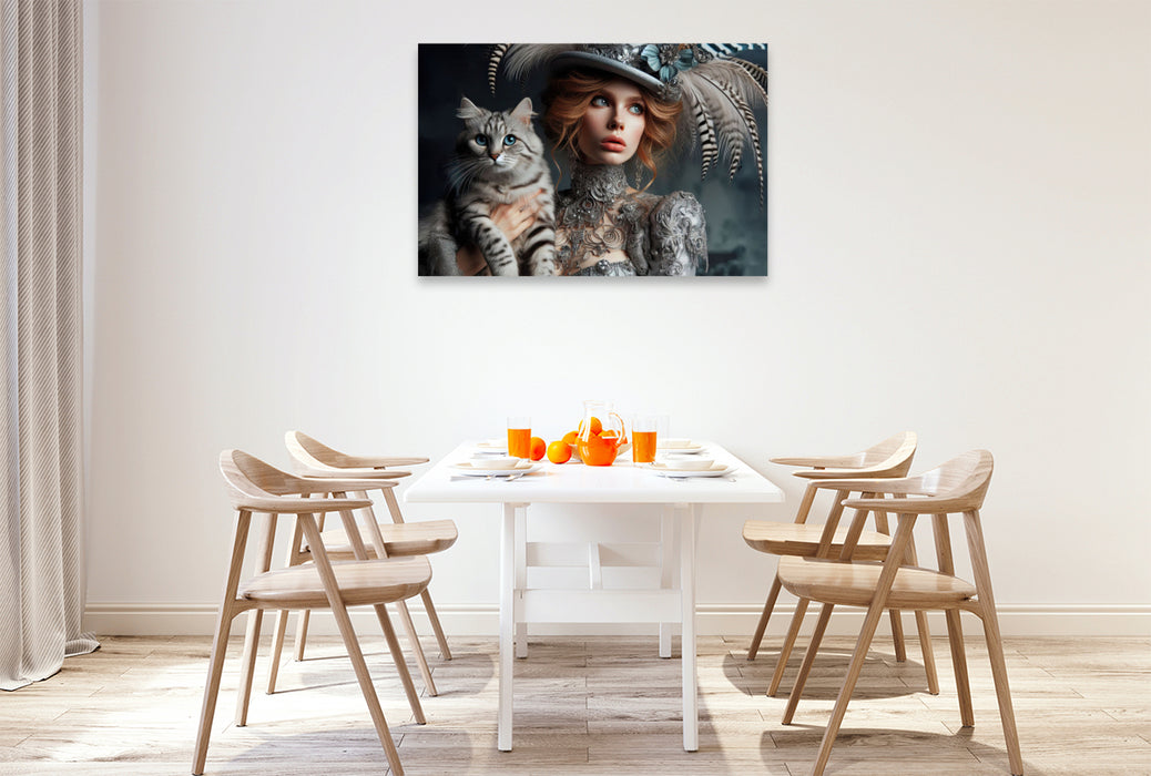 Premium Textil-Leinwand Elegante Frau in silber Boho Style mit einer grau schwarzen Katze