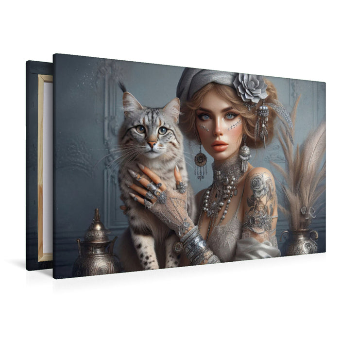 Premium Textil-Leinwand Ein Motiv aus dem Kalender Luxuriöser Bohemian Flair - Elegante Frauen mit anmutigen Katzen