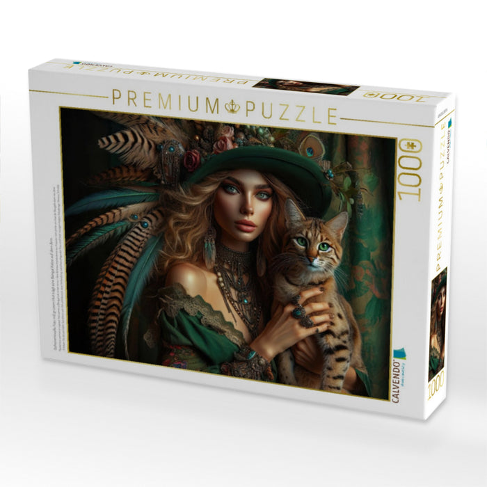 Geheimnisvolle Frau mit grünem Hut trägt eine Bengal Katze auf dem Arm - CALVENDO Foto-Puzzle'