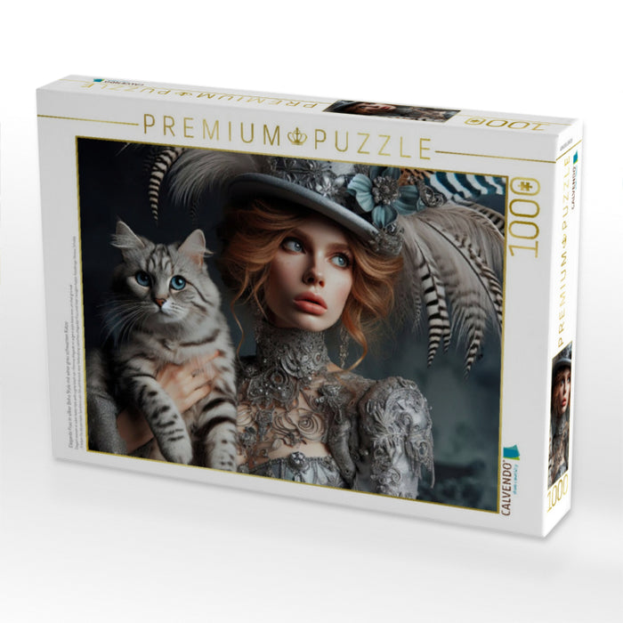 Elegante Frau in silber Boho Style mit einer grau schwarzen Katze - CALVENDO Foto-Puzzle'