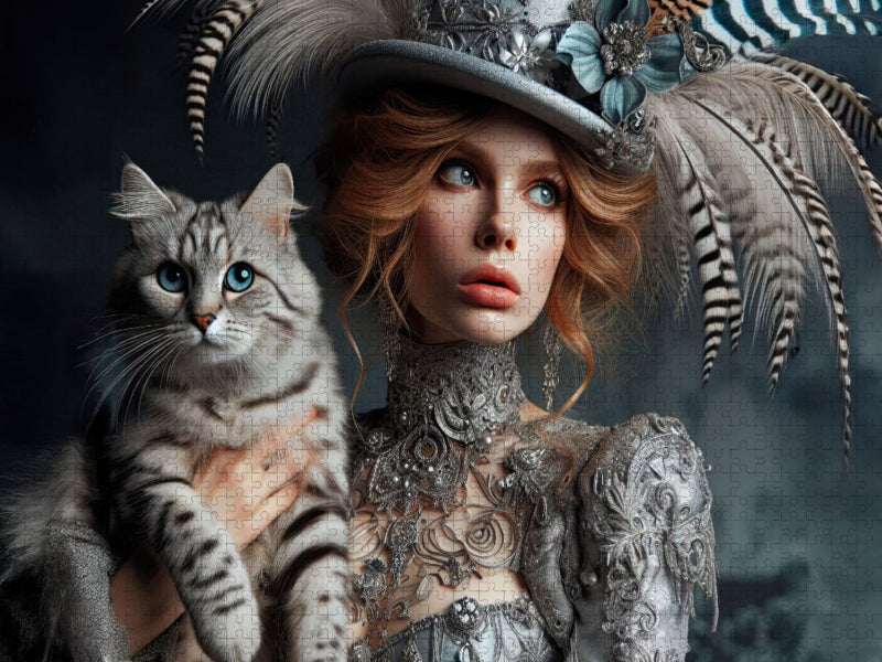 Elegante Frau in silber Boho Style mit einer grau schwarzen Katze - CALVENDO Foto-Puzzle'