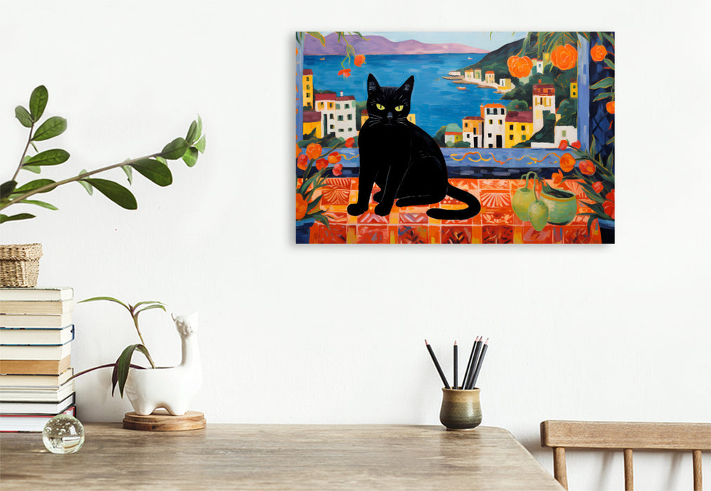 Premium Textil-Leinwand Schwarze Katze auf einem Tisch