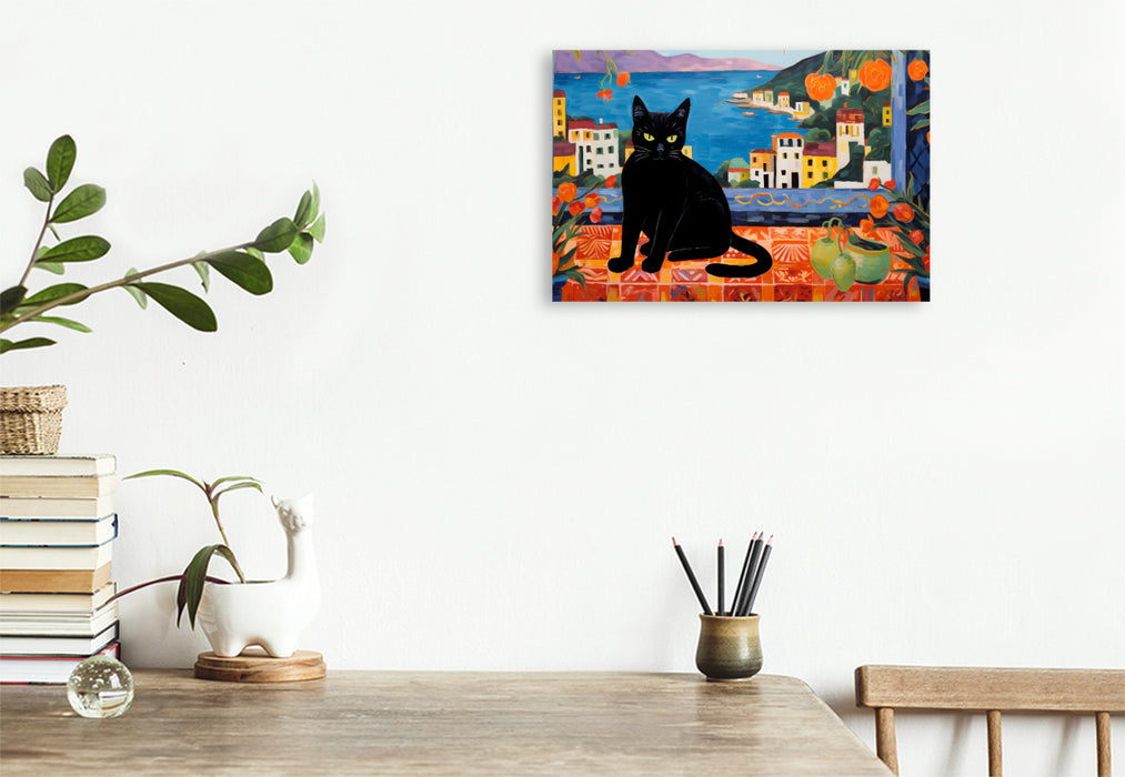Premium Textil-Leinwand Schwarze Katze auf einem Tisch