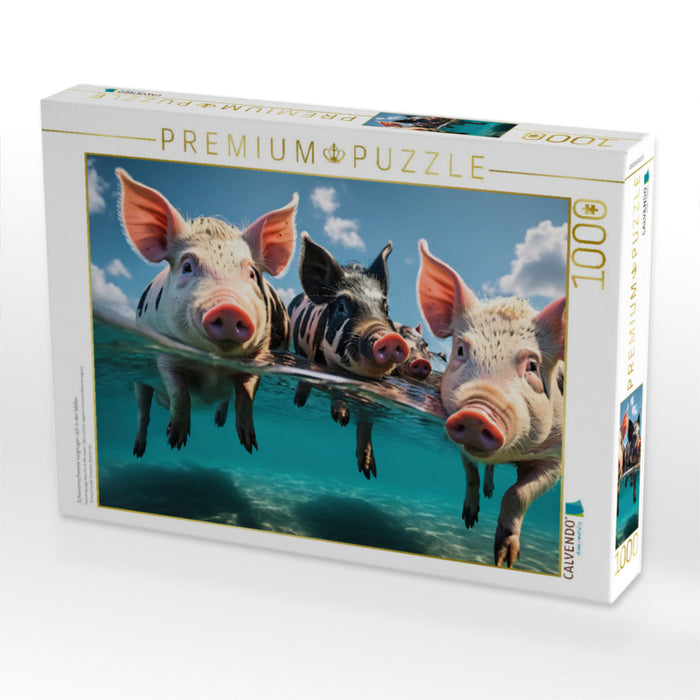 Schwimmschweine vergnügen sich in den Wellen - CALVENDO Foto-Puzzle'