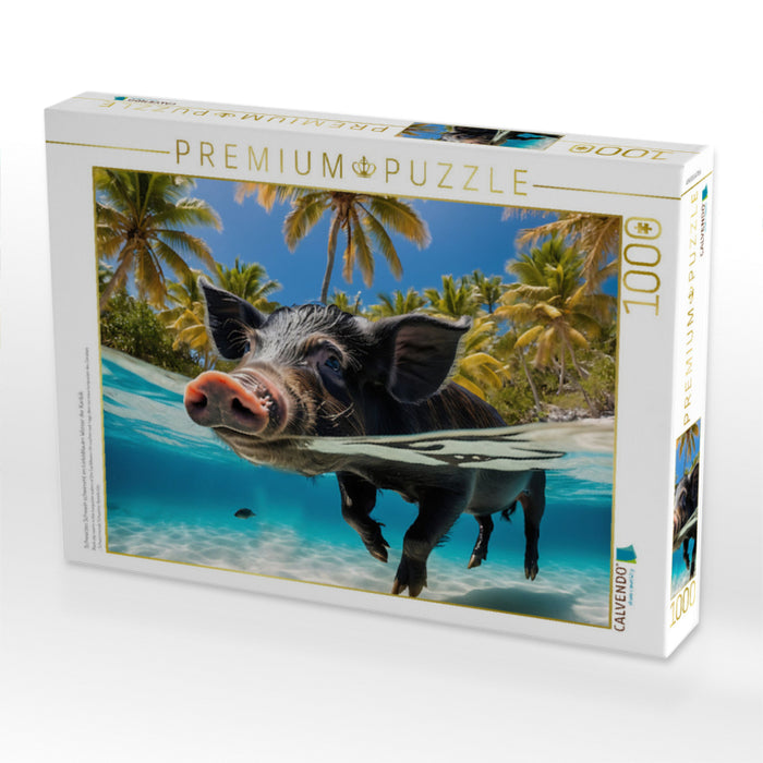 Schwarzes Schwein schwimmt im türkisblauen Wasser der Karibik - CALVENDO Foto-Puzzle'