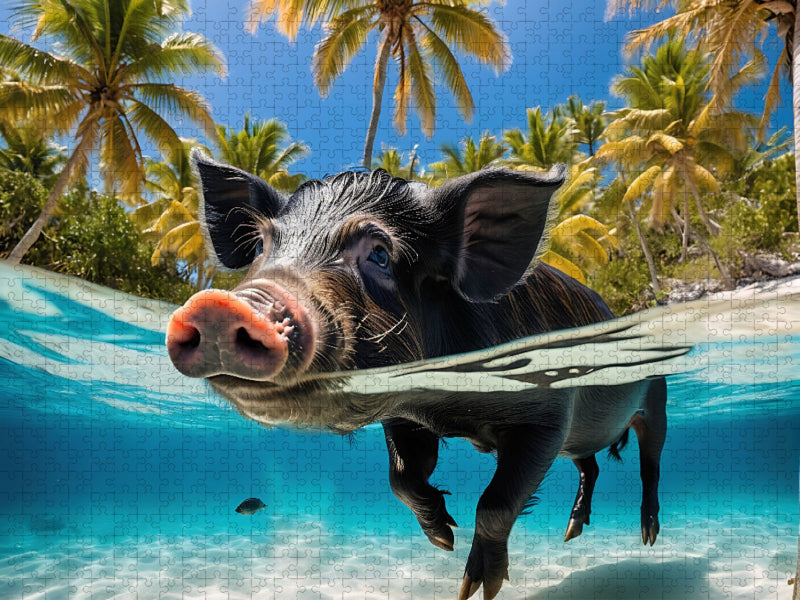 Schwarzes Schwein schwimmt im türkisblauen Wasser der Karibik - CALVENDO Foto-Puzzle'