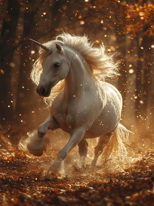 Herbstliche Harmonie: Ein weißes Einhorn im Wald der leuchtenden Blätter - CALVENDO Foto-Puzzle'