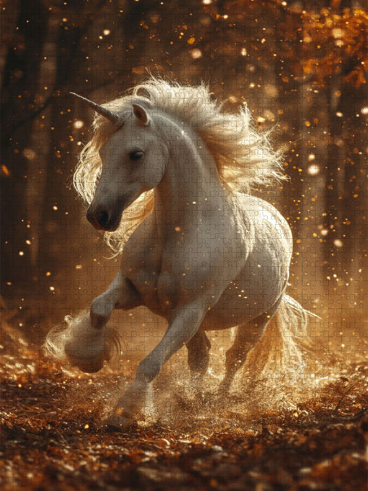 Herbstliche Harmonie: Ein weißes Einhorn im Wald der leuchtenden Blätter - CALVENDO Foto-Puzzle'