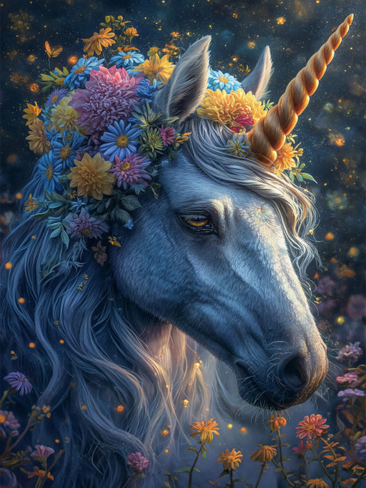 Magischer Abendzauber: Ein weißes Einhorn im Blumenkranz unter dem Sternenhimmel - CALVENDO Foto-Puzzle'