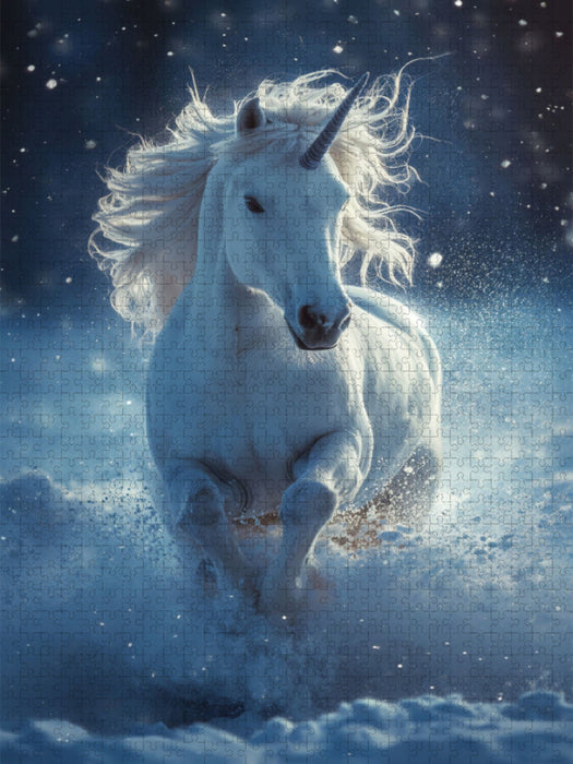 Winterspuren: Ein weißes Einhorn im blauen Schneetanz - CALVENDO Foto-Puzzle'