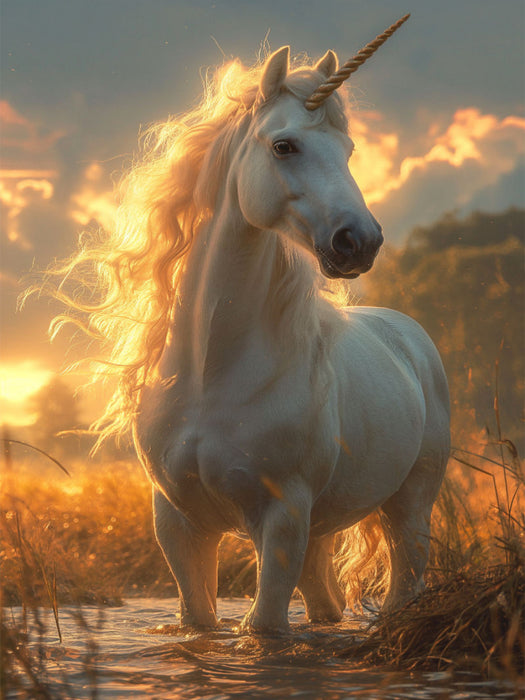 Sonnenuntergangszauber: Ein weißes Einhorn am malerischen Strandufer - CALVENDO Foto-Puzzle'