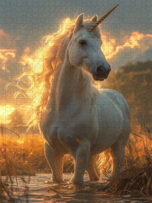 Sonnenuntergangszauber: Ein weißes Einhorn am malerischen Strandufer - CALVENDO Foto-Puzzle'