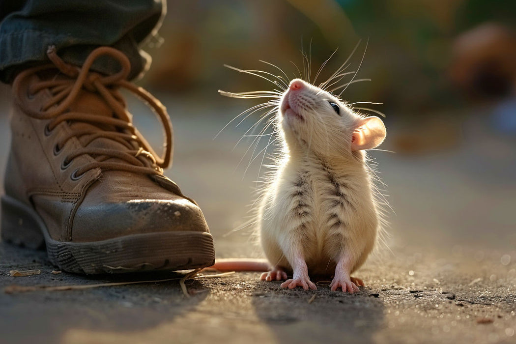 Premium Textil-Leinwand Niedliche Haustier Ratte schaut zu ihrem Menschen