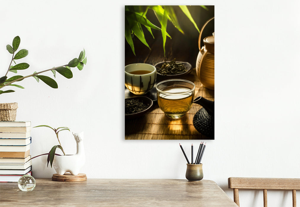 Premium Textil-Leinwand Stillleben von japanischem grünem Tee in kleiner Tasse und Teekanne