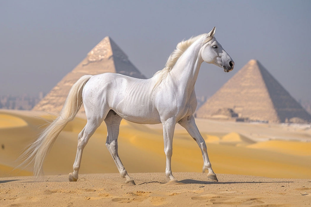 Premium Textil-Leinwand Weißes Pferd vor Pyramiden