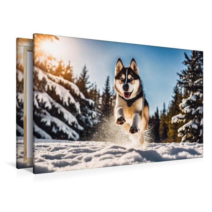 Premium Textil-Leinwand Husky mit wilden Sprüngen im Schnee