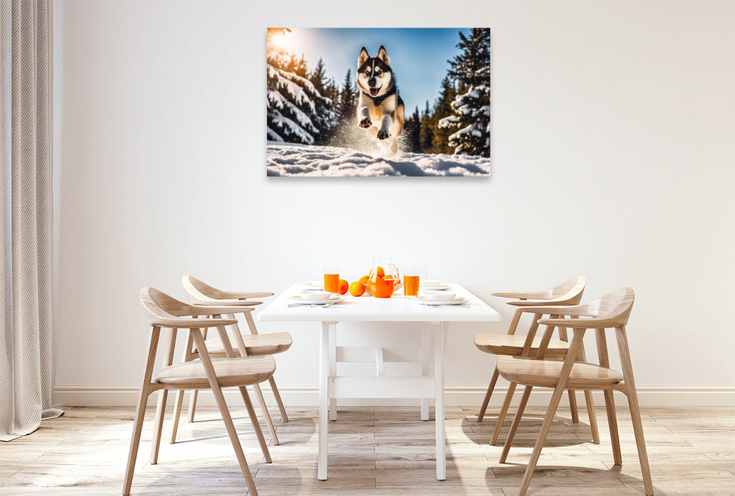 Premium Textil-Leinwand Husky mit wilden Sprüngen im Schnee