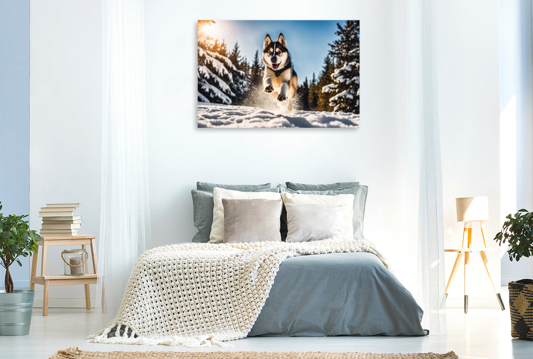 Premium Textil-Leinwand Husky mit wilden Sprüngen im Schnee