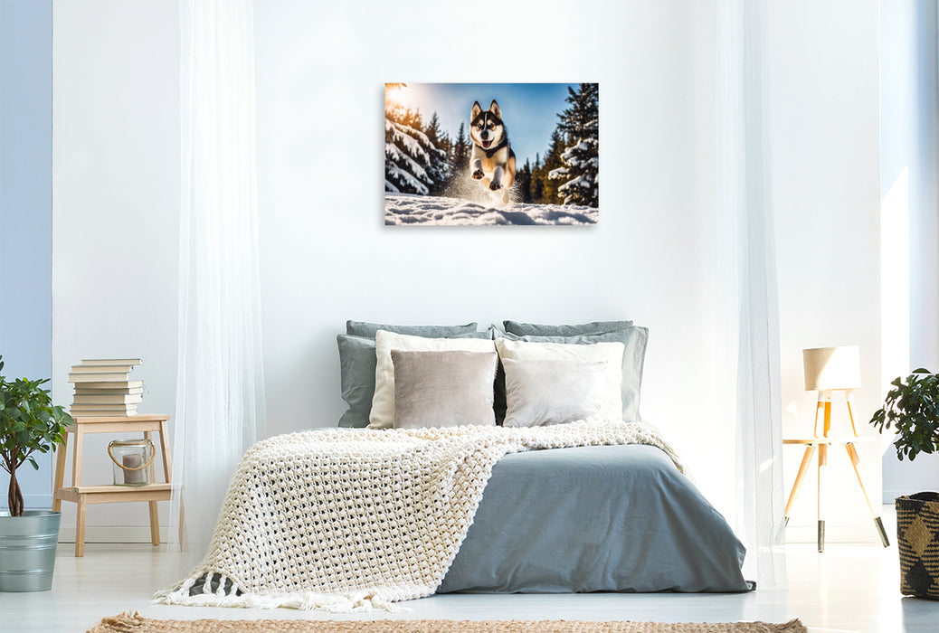 Premium Textil-Leinwand Husky mit wilden Sprüngen im Schnee