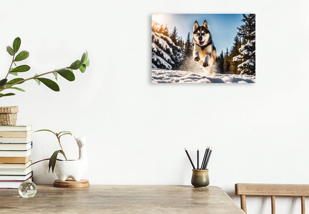 Premium Textil-Leinwand Husky mit wilden Sprüngen im Schnee