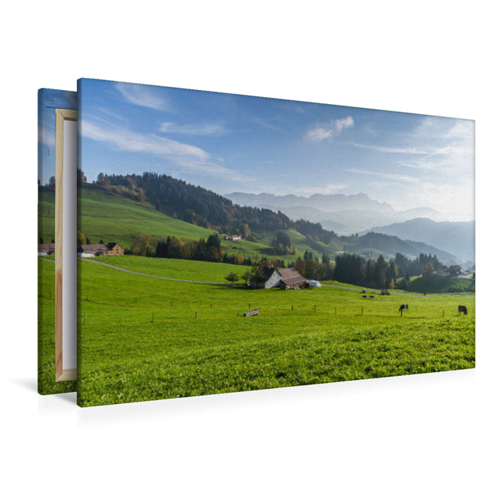 Premium Textil-Leinwand Almwiesen mit Blick zum Alpstein in der Schweiz