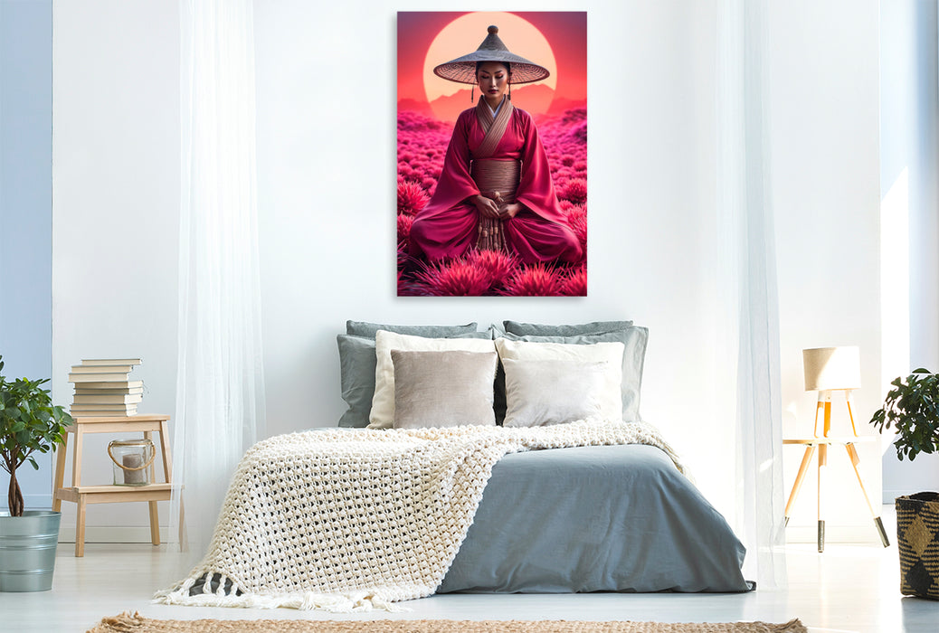 Premium Textil-Leinwand Zen - meditierende Frau, eingehüllt in eine Aura spiritueller Harmonie