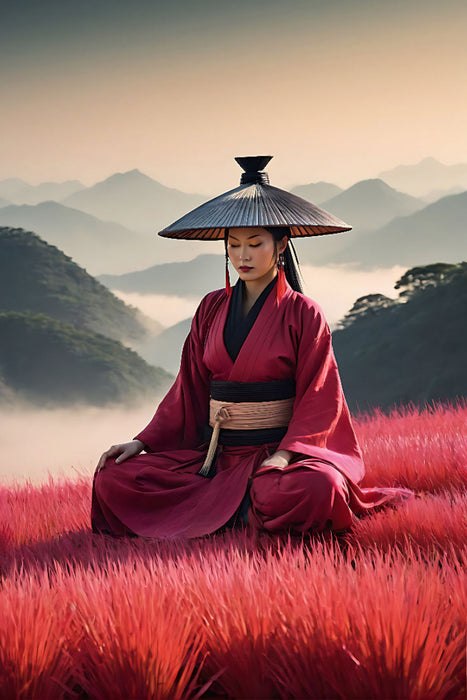 Premium Textil-Leinwand Zen - meditierende Frau im Einklang mit der Natur