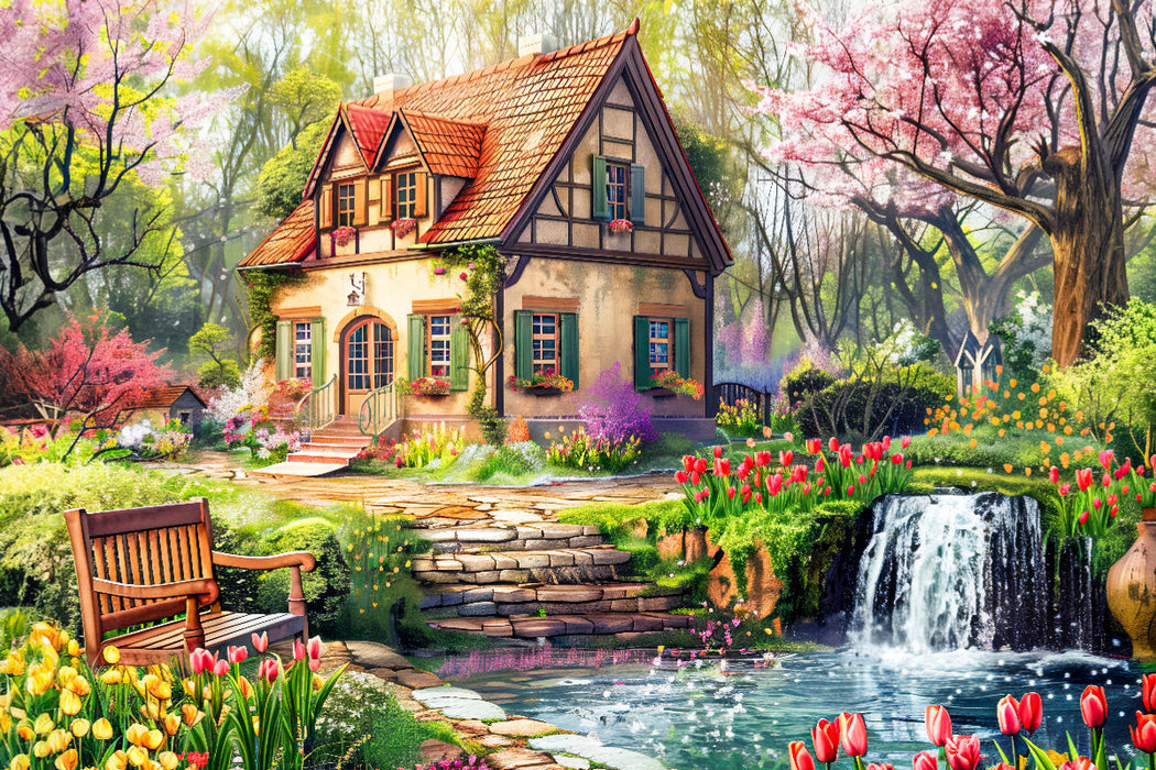 Premium Textil-Leinwand Frühling im Cottage-Garten am Wasser. Tulpenblüte