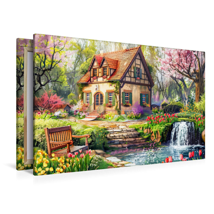 Premium Textil-Leinwand Frühling im Cottage-Garten am Wasser. Tulpenblüte