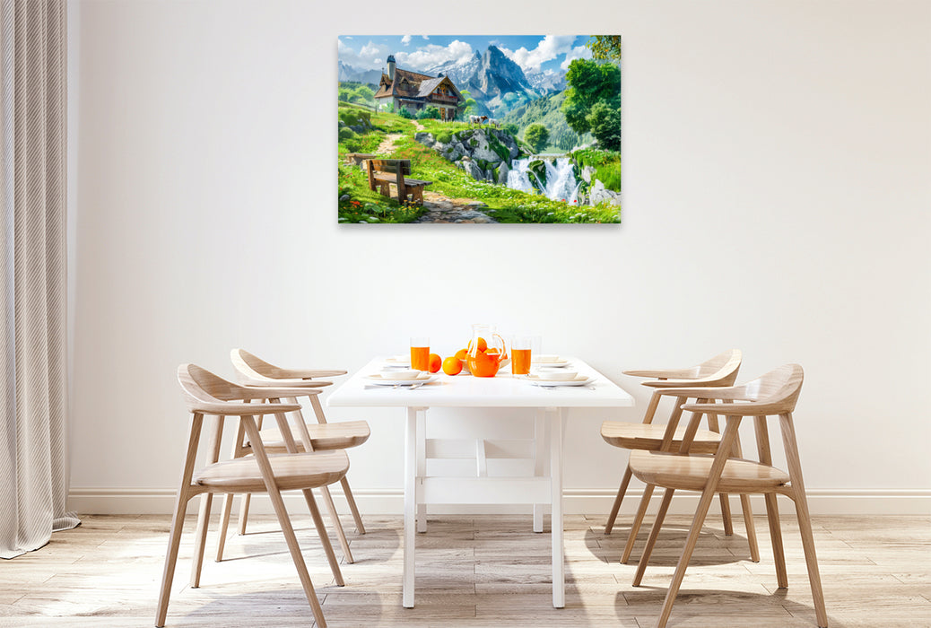 Premium Textil-Leinwand Alpine Berghütte in den Alpen. Bank mit Blick auf Wasserfall