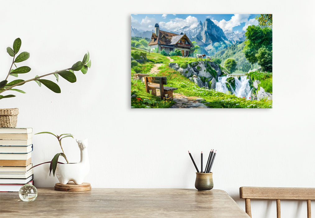 Premium Textil-Leinwand Alpine Berghütte in den Alpen. Bank mit Blick auf Wasserfall