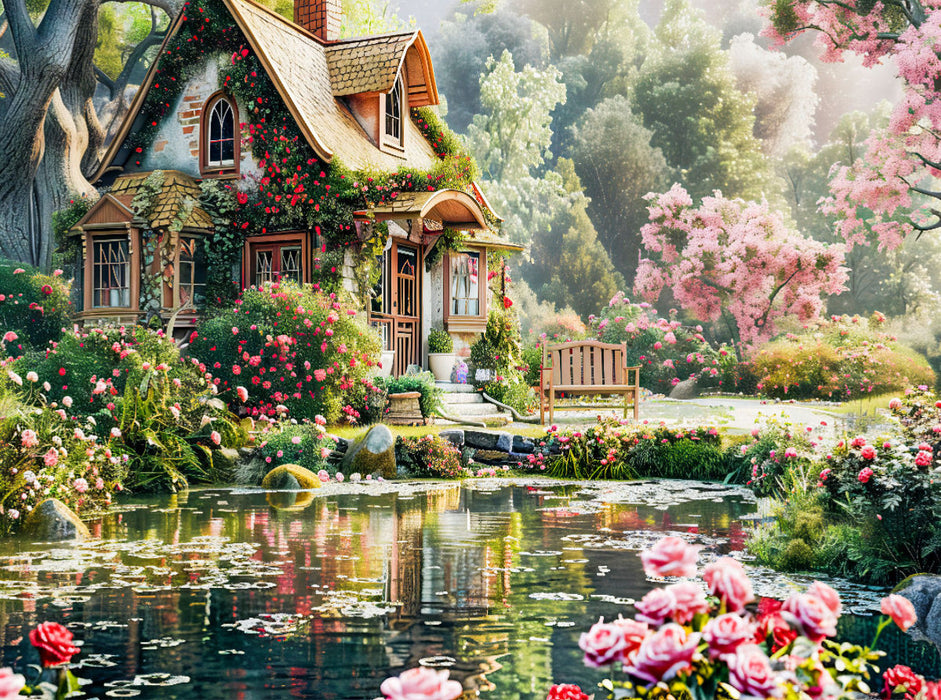 Cottage mit üppigem Rosengarten am Teich - CALVENDO Foto-Puzzle'