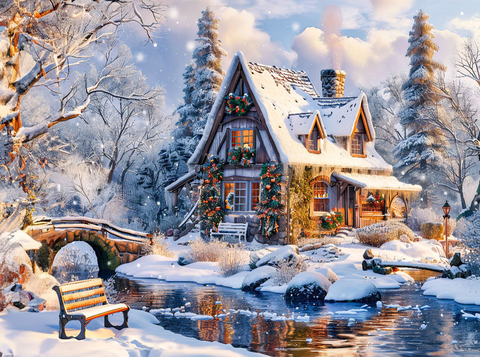 Cottage Haus am Wasser zur Weihnachtszeit - CALVENDO Foto-Puzzle'