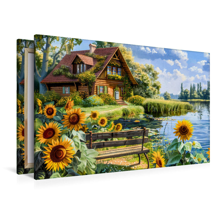 Premium Textil-Leinwand Cottage Haus am Wasser mit Sonnenblumenfeld davor