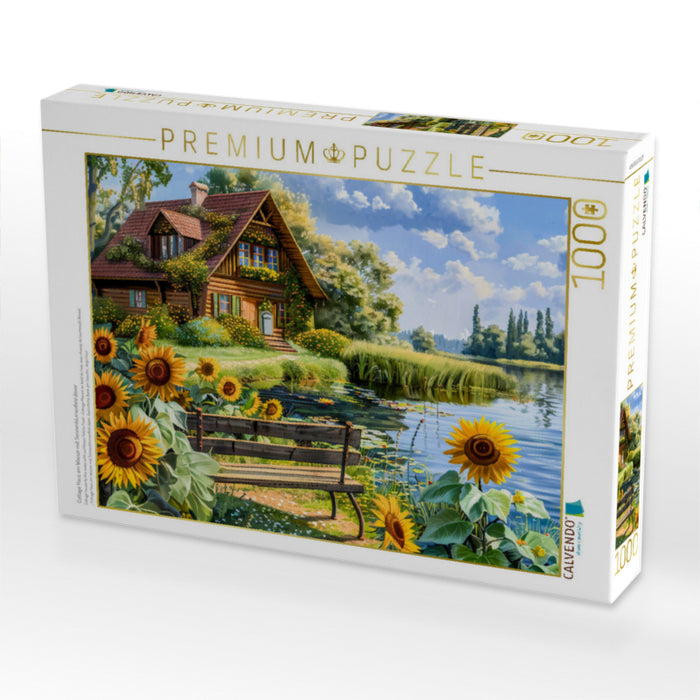 Cottage Haus am Wasser mit Sonnenblumenfeld davor - CALVENDO Foto-Puzzle'