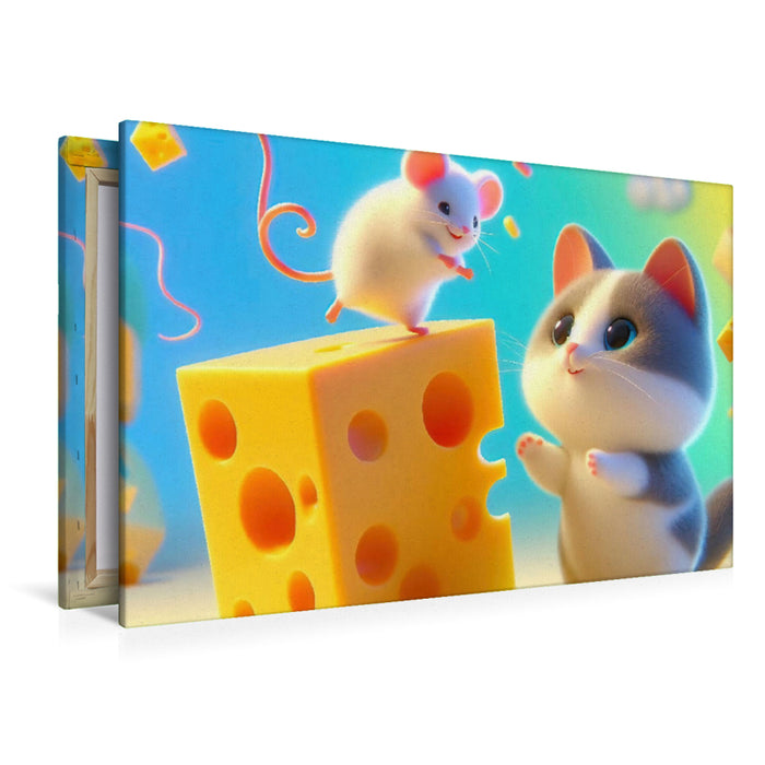 Premium Textil-Leinwand Katz und Maus teilen sich ein großzügiges Stück Käse, ein seltenes Bild der Harmonie in der Tierwelt