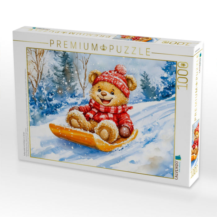 Teddy rodelt mit Schlitten im Winter - CALVENDO Foto-Puzzle'
