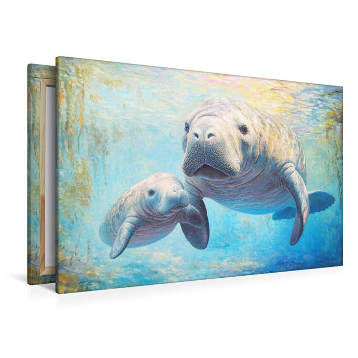 Premium Textil-Leinwand Manatee mit Baby