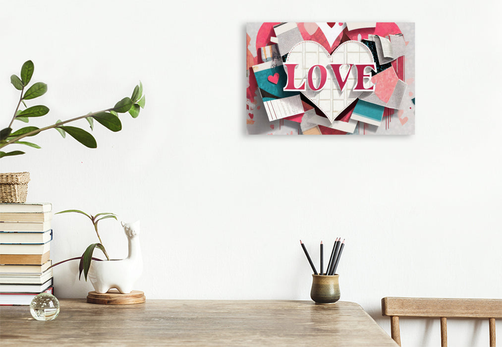 Premium Textil-Leinwand Abstrakt buntes Design mit Herz und Text Love