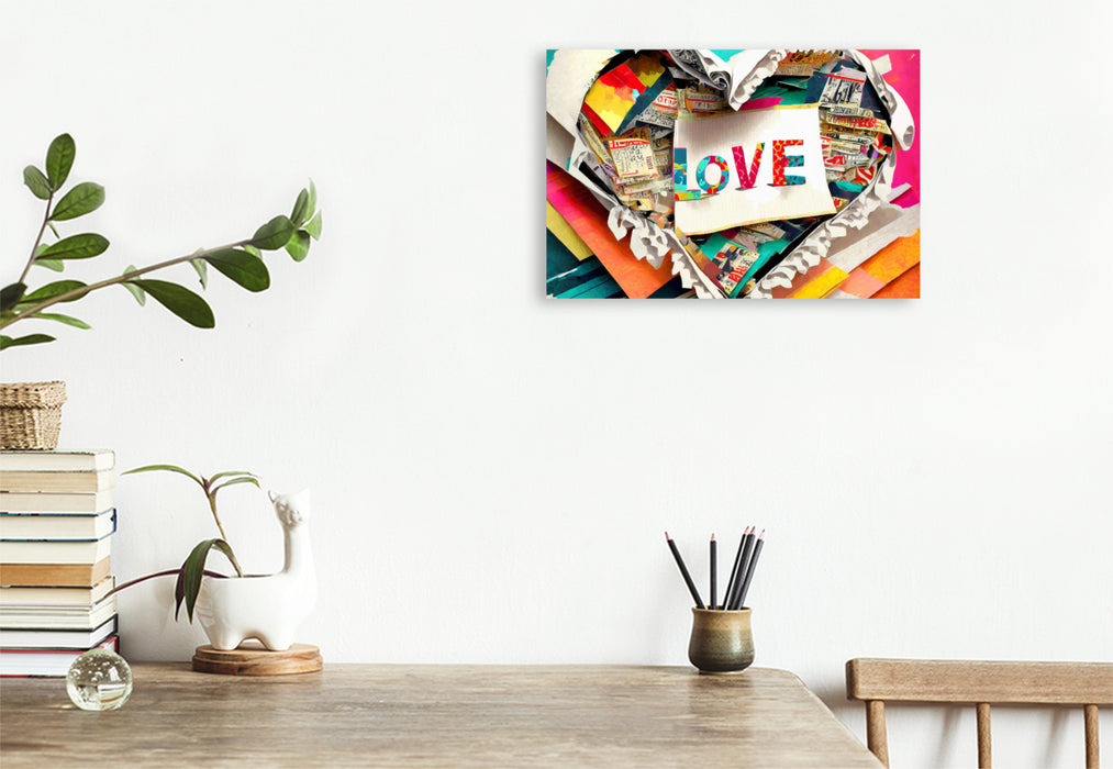Premium Textil-Leinwand Bunter Design Hintergrund mit Herz und Text LOVE