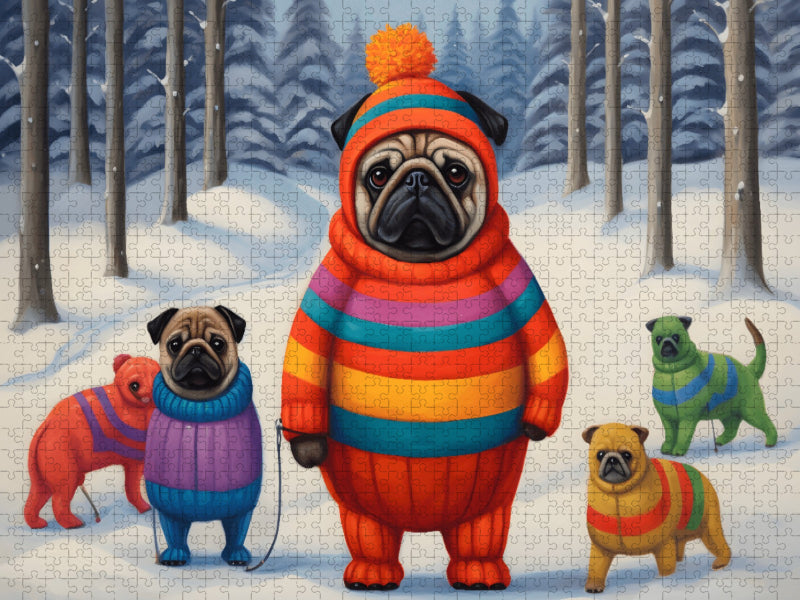 Winterlich angezogene Hunde spazieren durch den Wald im Schnee - CALVENDO Foto-Puzzle'