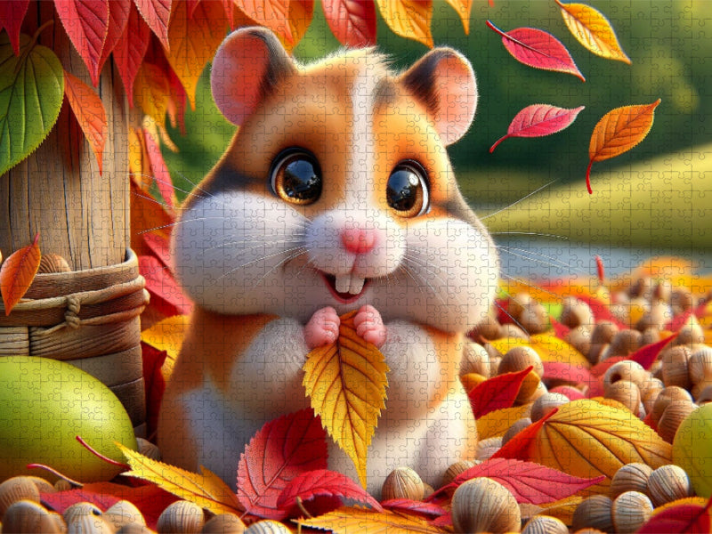 Herbstliche Schätze: Ein Hamster und seine farbenfrohe Blättersammlung - CALVENDO Foto-Puzzle'