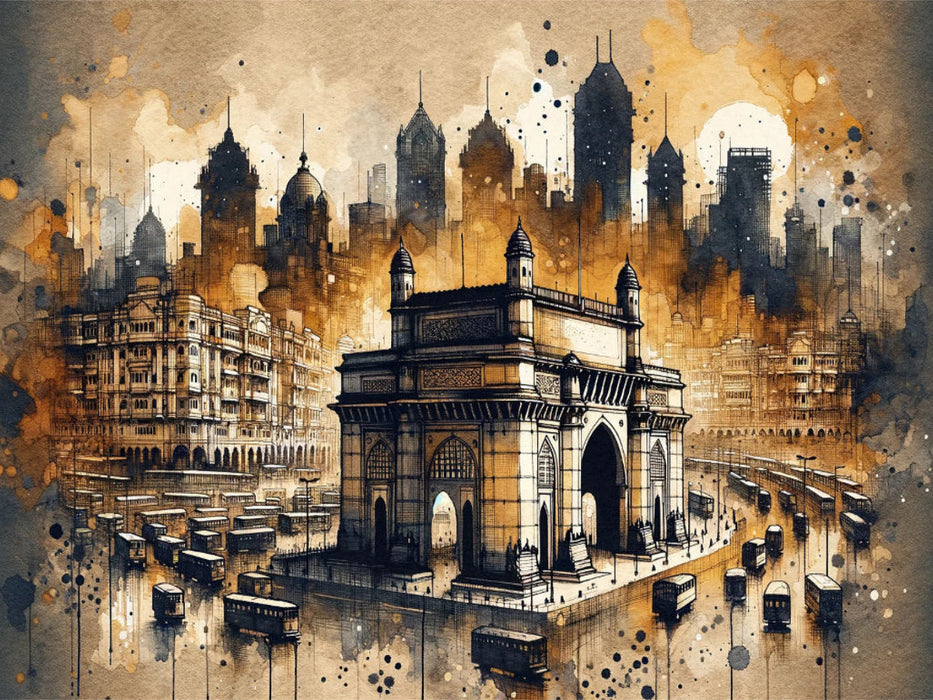 Mumbais Gateway in sepiafarbenen Aquarellschattierungen durch KI erschaffen - CALVENDO Foto-Puzzle'